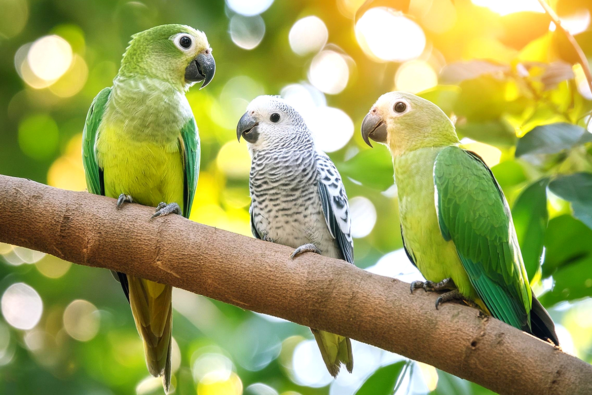 Three vibrant parrots perched on a branch. 